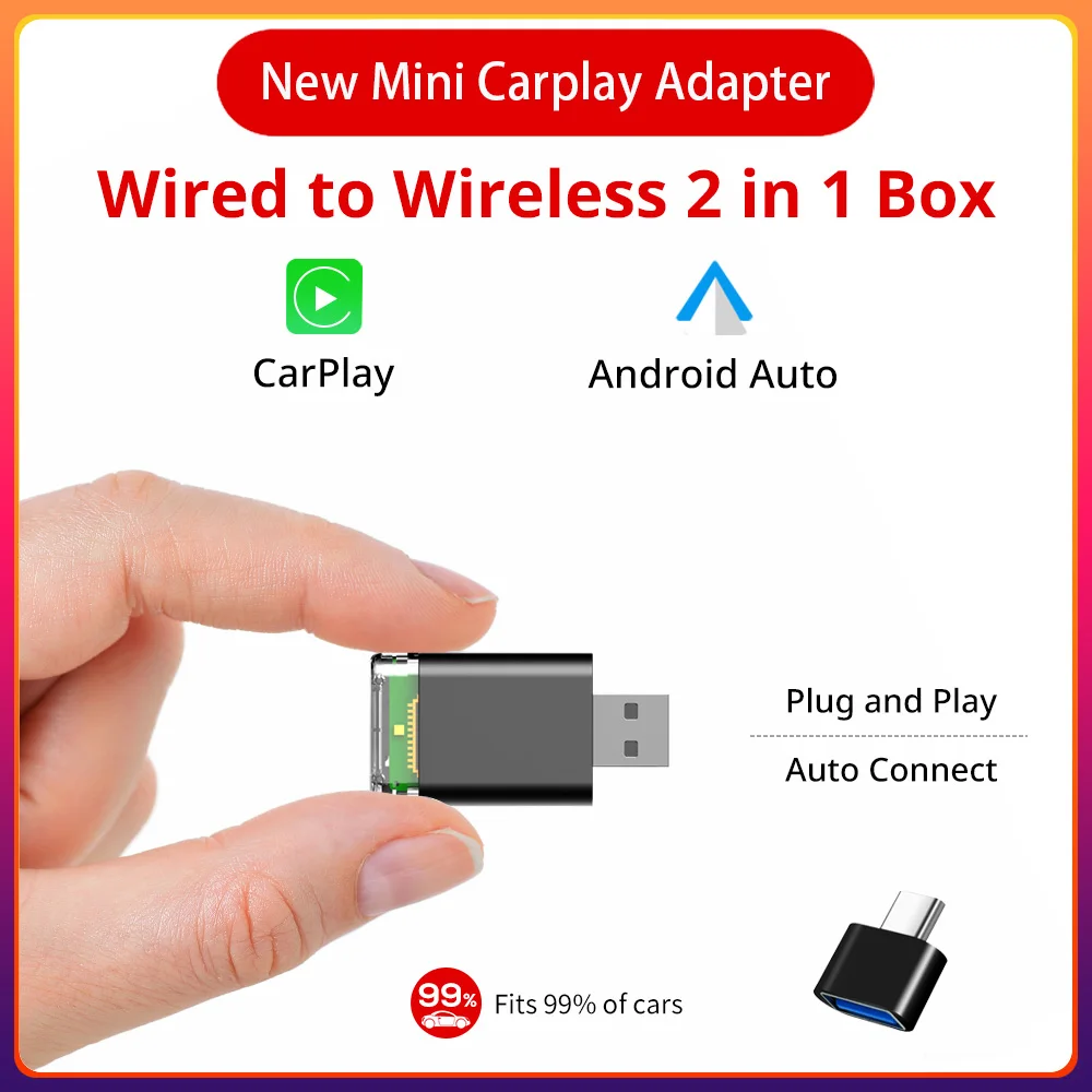 2-in-1 Wireless Carplay Android Auto AI Box verkabelt mit Wireless Carpay Mini Adapter Bluetooth für Autoradio mit verkabeltem Carplay Box Image
