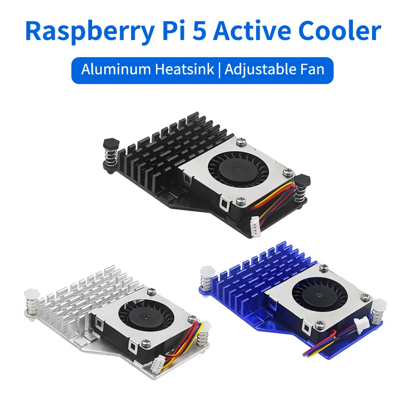 Raspberry Pi 5, aktiver Kühler, Aluminium-Kühlkörper, PWM-Lüfter, Geschwindigkeit einstellbar, Schwarz, Silber, Blau, Kühler für Raspberry Pi 5 Image