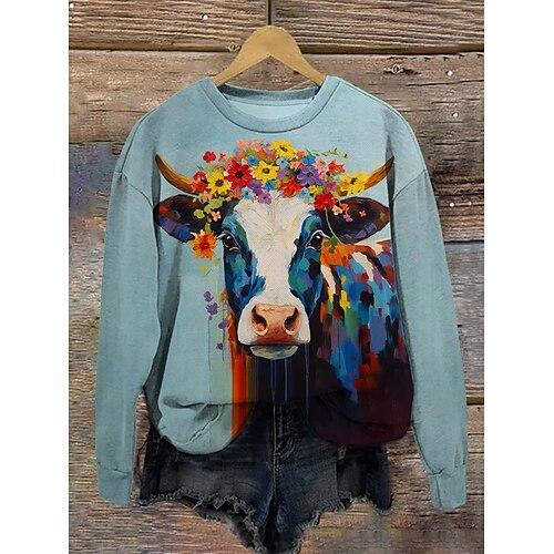 Pullover Damen Casual Kuh Rundhals Print Langarm Blau Herbst Winter
