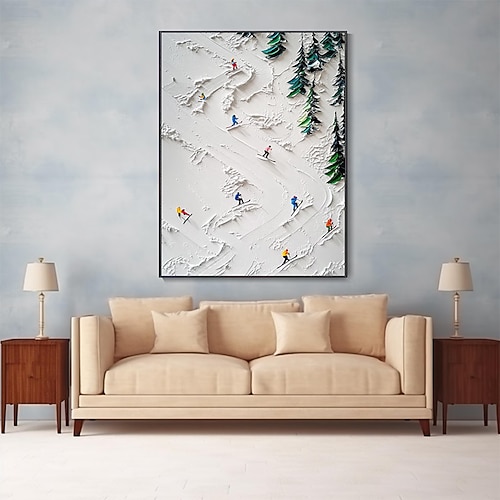 handgemaltes 3D weißes Schneefeld Skifahren Leinwand Handgemälde Original Skifahrer Geschenk personalisiertes Winter Dekor strukturiertes Messergemälde Skikunst weißer Kiefernrahmen fertig zum Image