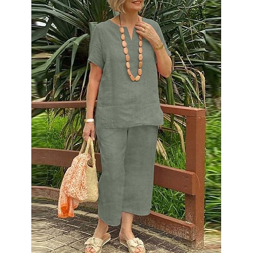 Damen Baumwoll Mischung Leinen-inspirierte Sets Zweiteilige Sets Leinenhosen Kurzarm Einfarbig Weiß Orange Grün Sommer Normale Passform Image