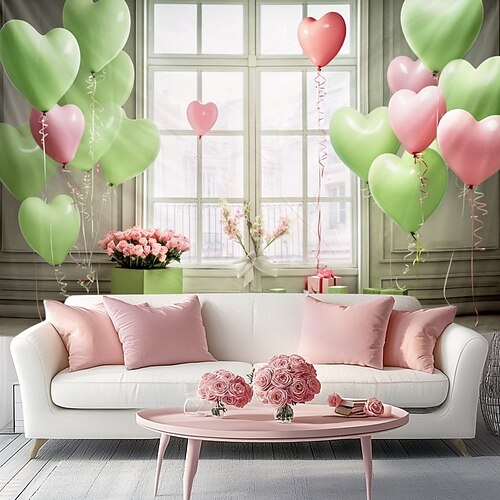 Hochzeitsdekorationen Kulisse Fotowand Hängend große Wandteppich Kunst Wanddekoration Decke Vorhang Zuhause Schlafzimmer Wohnzimmer Dekoration Herzballons Image