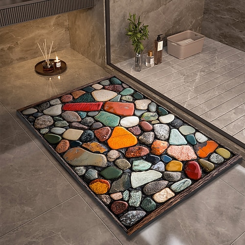 Kieselstein-Badezimmerteppich, rechteckige Fußmatte aus Polyester, super saugfähig, rutschfest, pflegeleicht, schmutzabweisende Badematte Image