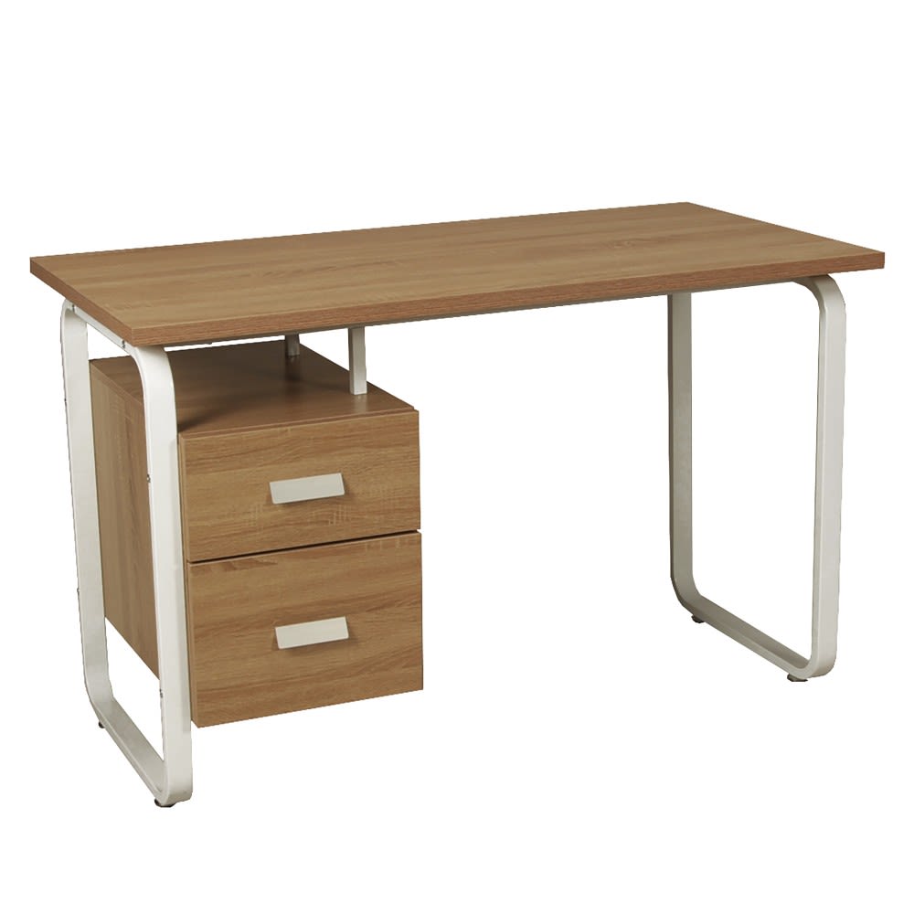 Bureau 2 tiroirs effet bois clair et pieds métal blanc