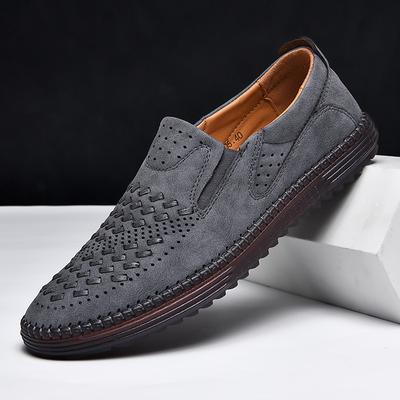 Men's Breathable Slip-On Loafers - Perforated Faux Suede Casual Shoes with Woven Detailing and Anti-Slip Sole