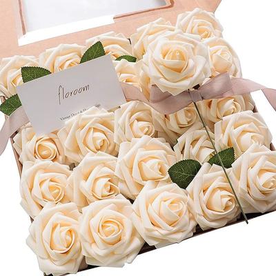 25pcs/set Artificial Flowers Wedding Decoration Rose Bouquets Valentine's Day Gift Real Looking Ivory Foam Fake Roses with Stems for DIY Wedding Bouquets White Bridal