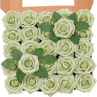 25pcs/set Artificial Flowers Wedding Decoration Rose Bouquets Valentine's Day Gift Real Looking Ivory Foam Fake Roses with Stems for DIY Wedding Bouquets White Bridal