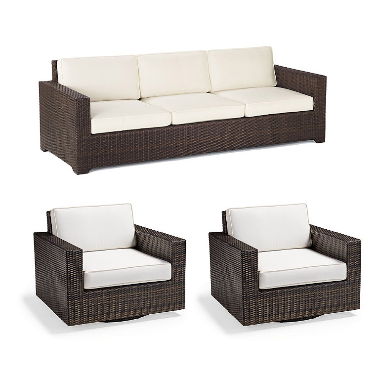 Palermo 3-pc. Sofa Set with Two Swivel Lounge Chairs in Bronze Wicker - Standard, Sand with Canvas Piping - Frontgate
