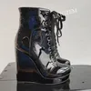 LAIGZEM Damen-Stiefeletten mit runder Spitze, Plattform, hoher Absatz, Keilabsatz, glänzende Schnürung, kurze Stiefeletten, handgefertigte Schuhe für Damen, große Größe 38, 41 48