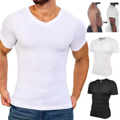 Männer Body Shaper V-ausschnitt Kompression Shirts Kurzarm Abnehmen Unterhemd Workout Abs Bauch Bauch-steuer Shapewear Tops Image
