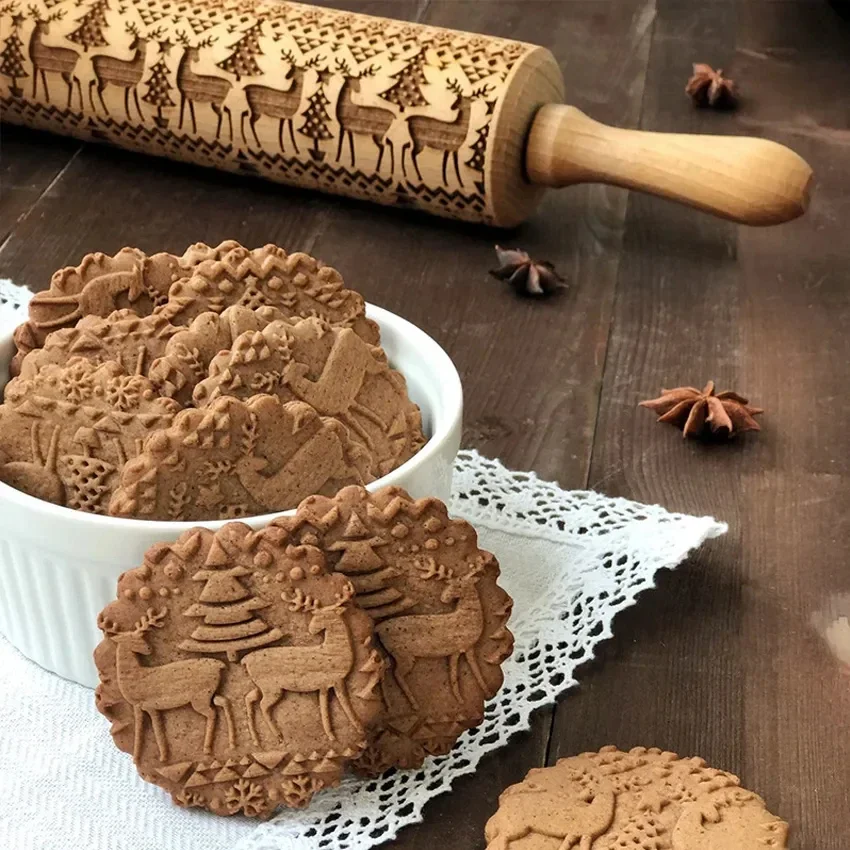 Weihnachts-3D-Nudelholz mit tiefer Gravur aus Holz mit Prägung zum Backen von Keksen, Keksen, Fondant, Schneeflocken, Rentier, Weihnachtsbäume Image