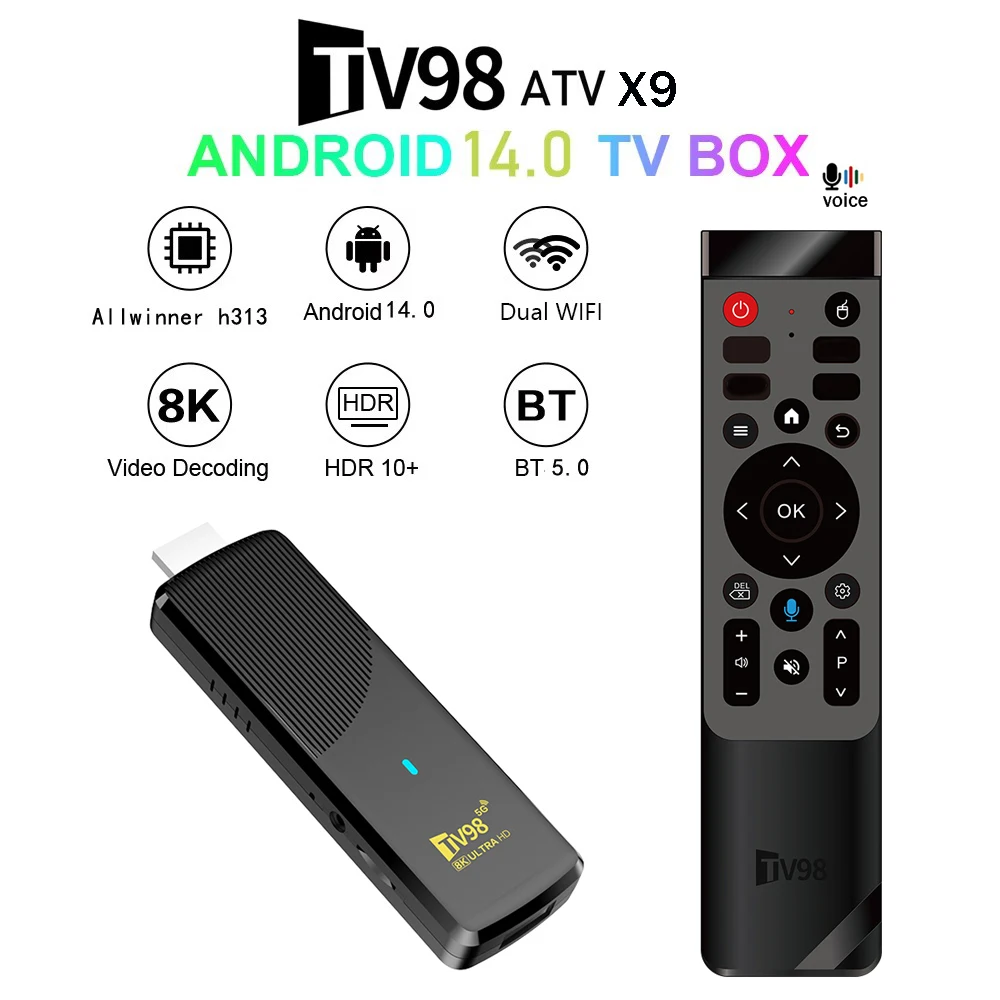 TV98 ATV X9 Mini TV Stick Android 14 BT5.0 8K 4K 5G Wifi 6 Allwinner H313 Quad Core inteligente remota por voz TV Stick iptv Image