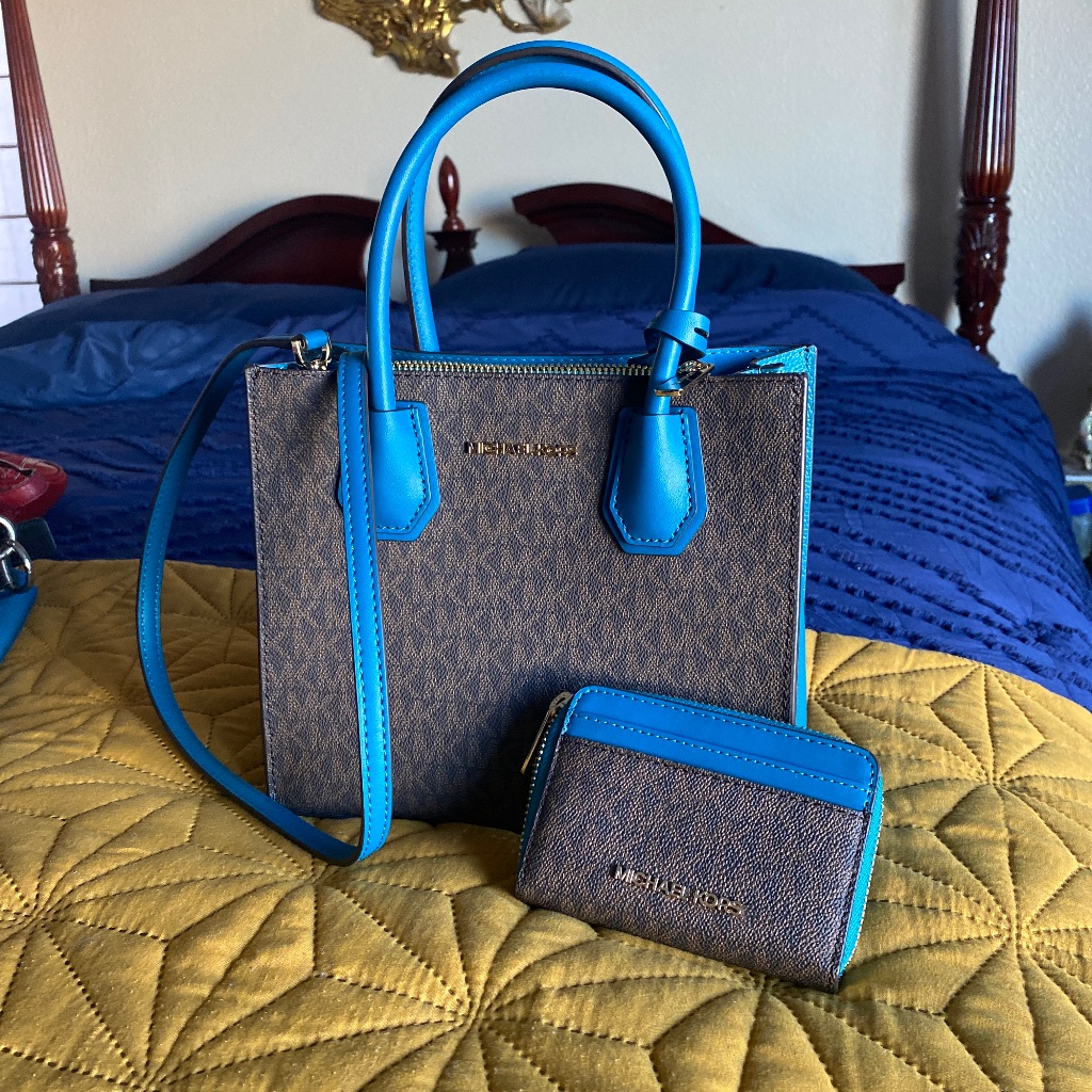 Michael Kors Bags | Authentic Michael Kors Handbag With Straps & Matching Credit Card Accessories | Color: Blue/Brown | Size: Os