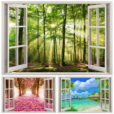 Wandaufkleber mit Fensterimitation, Sonnenschein, Waldlandschaft, selbstklebendes PVC-Kirschblüten-Meereslandschaftswandbild für Wohnzimmer und Schlafzimmer Image
