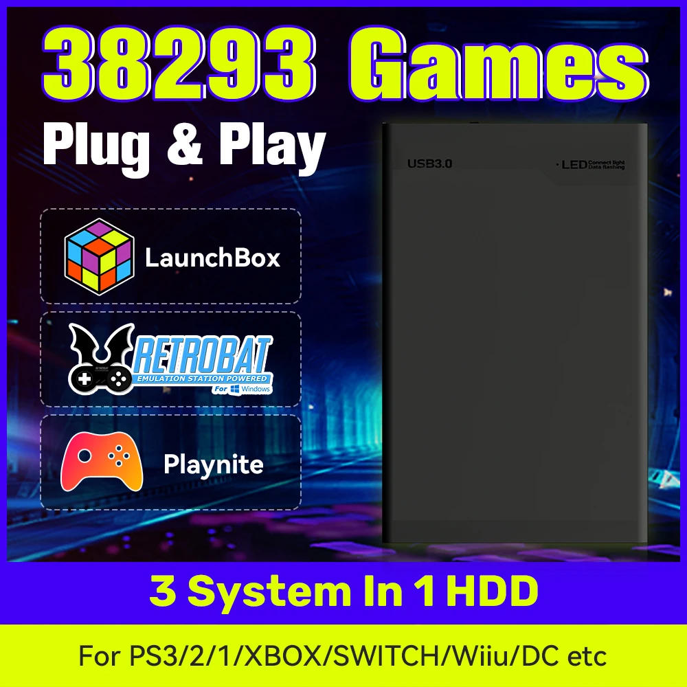 Hyper Base MIX 500G Retro Gaming HDD Launchbox & Playnite & Retrobat für XBOX/PS3/Switch/PS2/PS1/Wiiu/Wii mit 38293 Retro & AAA-Spielen