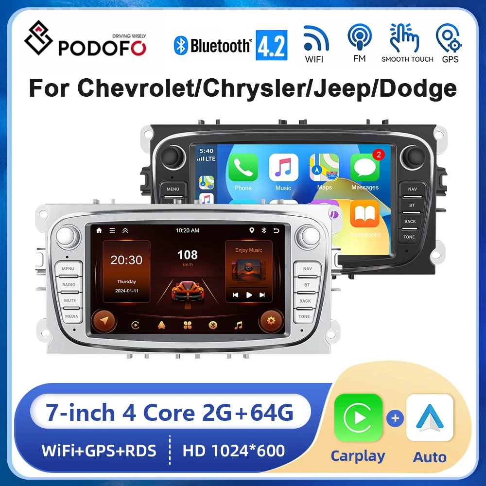 Podofo 7 "android autoradio 2 + 64g carplay android auto stereo wifi bluetooth gps radio für ford focus mondeo C-MAX S-MAX galaxie Image