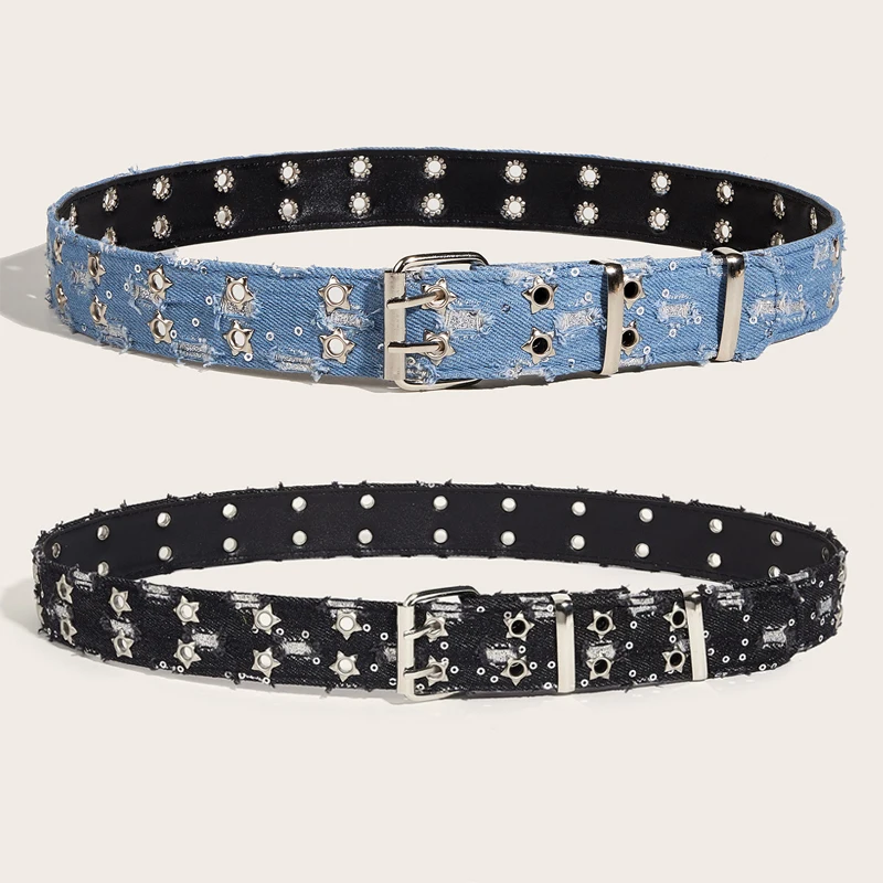 Schwarzer Punk-Gürtel für Damen, modischer Trend, All-Match-Jeans-Accessoires, blauer Denim-Gürtel, Hip Hop, Y2k-Mädchen, Dornschließe