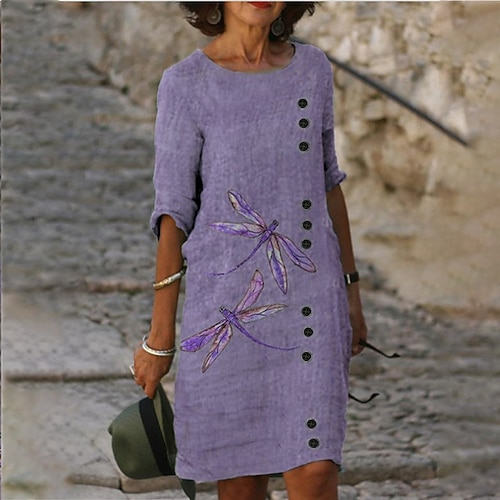 Damen Übergröße Midikleid Kunstbaumwollleinen Shiftkleid Freizeitkleid Basic Lässig Täglich Urlaub Wochenende Lässiger Schnitt Tiermotiv Druck Dreiviertelarm Rundhalsausschnitt Purpur Grün Leicht Blau Image