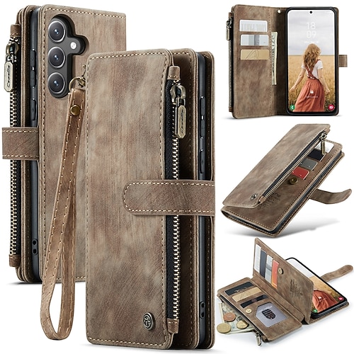 Handy Hülle Handyhüllen Für S25 S24 S24 FE S23 S22 S21 Ultra Plus A55 5G A35 5G A25 A15 Brieftaschenhülle Mit Ständer Magnetisch Reisverschluss Retro TPU PU-Leder Image