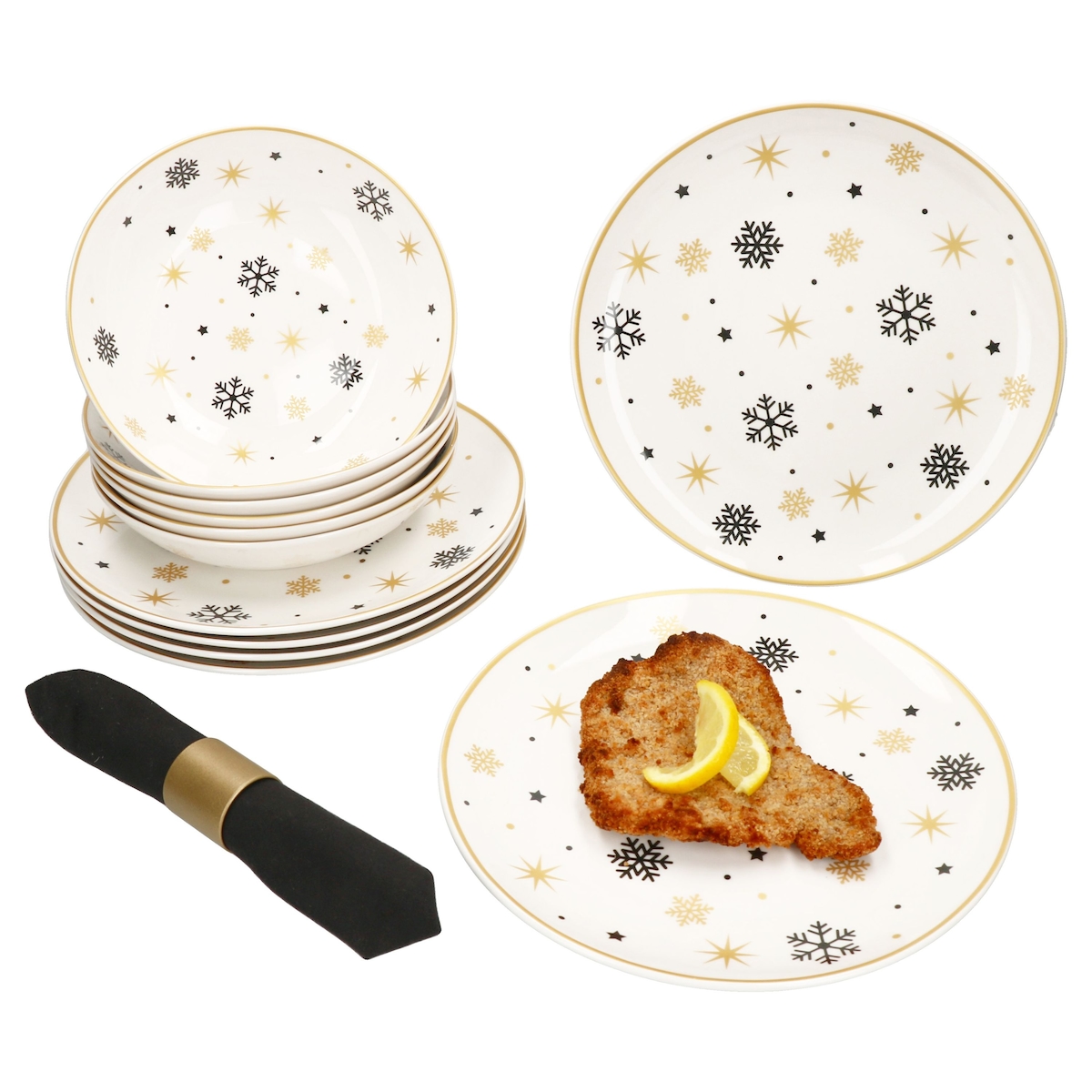 12tlg Tafelservice Stars schwarz gold 6 Personen Essteller Suppenteller Weihnachten Image