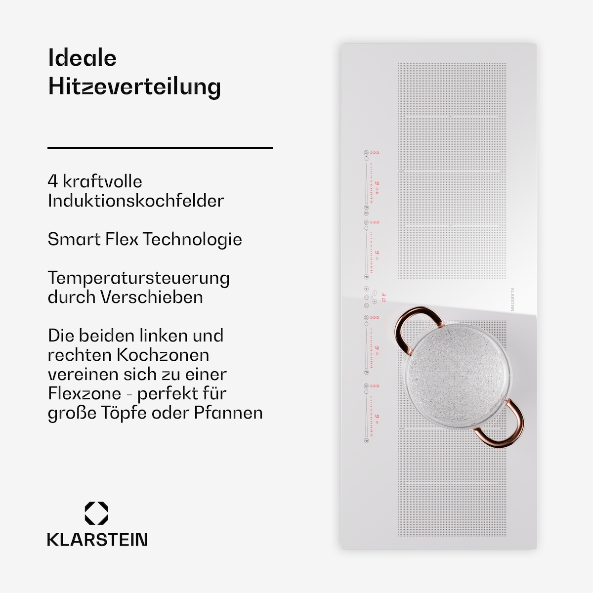 Klarstein Masterzone 90 Slim Flex Induktionskochfeld Einbau 4 Kochzonen 2 Flex-Zonen ThermoBoost Smart Flex Technology max. 7200 Watt Weiß Image