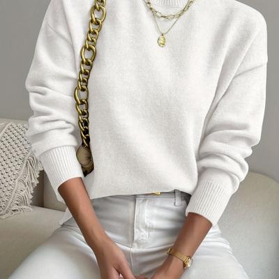 TEMU Women' High Neck Drop Shoulder Long Sleeve Sweater - Soft Medium Stretch Loose Fit Cropped Pullover, Elegant Casual Top For Layering, Cute Sweaters Image