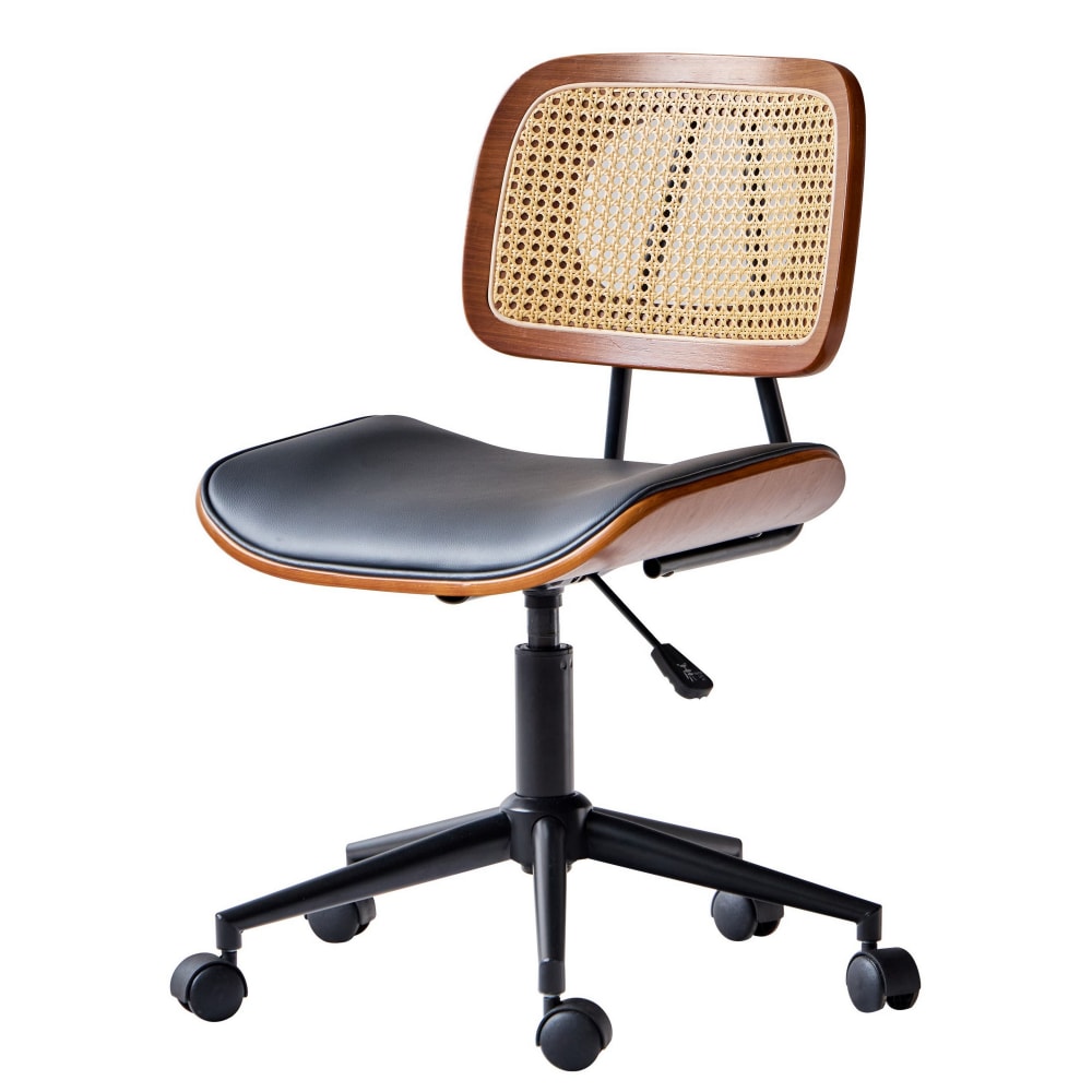 Chaise de bureau en cannage et simili noir