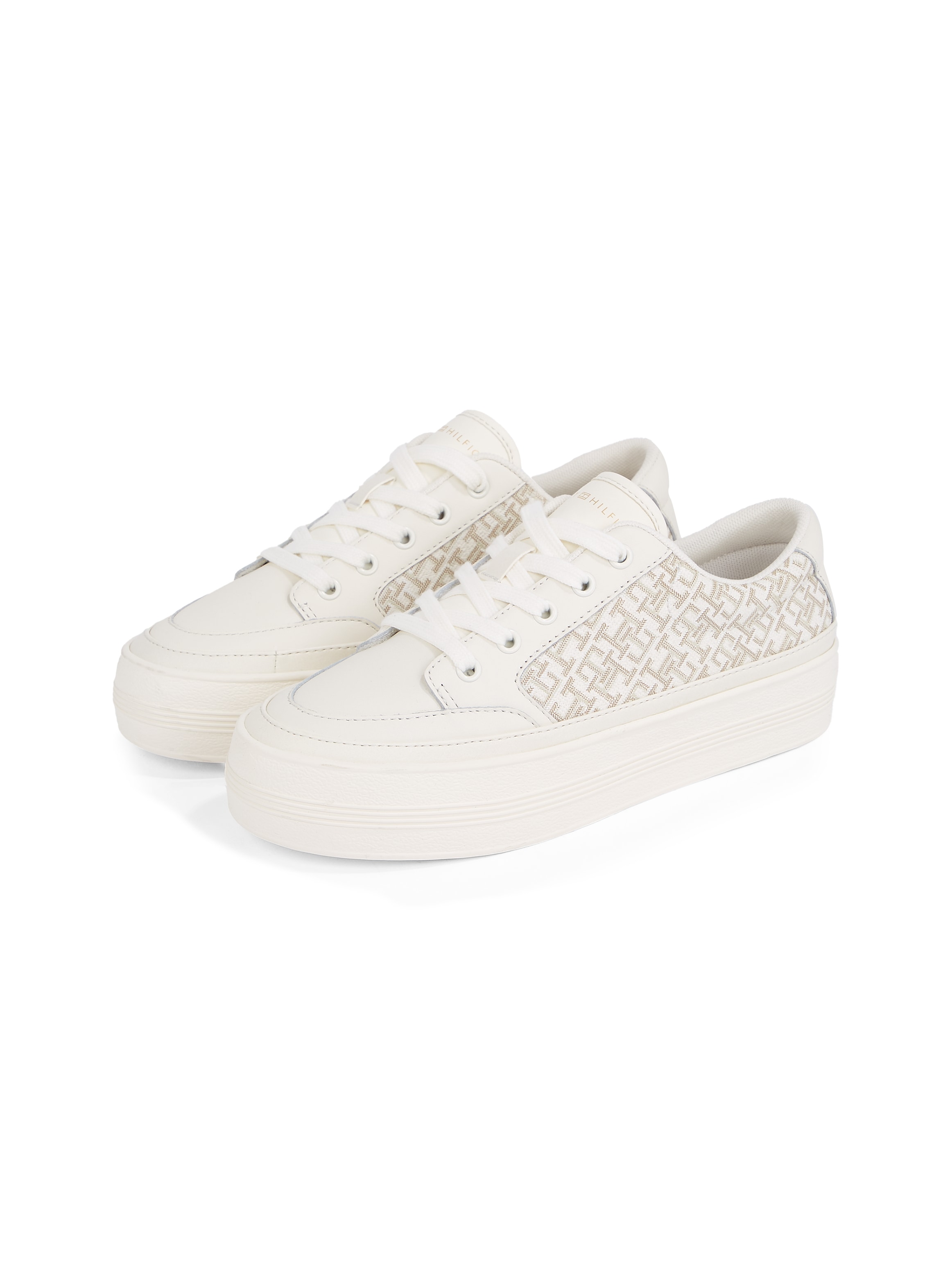 Plateausneaker TOMMY HILFIGER "VULC LEATHER SNEAKER MONOGRAM", Damen, Gr. 35, weiß (ivory kombiniert), Leder, Lederimitat, Schuhe Plateausneaker, Freizeitschuh, Halbschuh, Schnürschuh mit Allover-Logoprint
