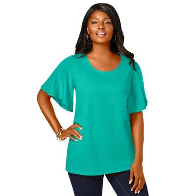 Plus Size Women's Stretch Knit Flutter Sleeve Tunic by Jessica London in Aqua Sea (Size S)