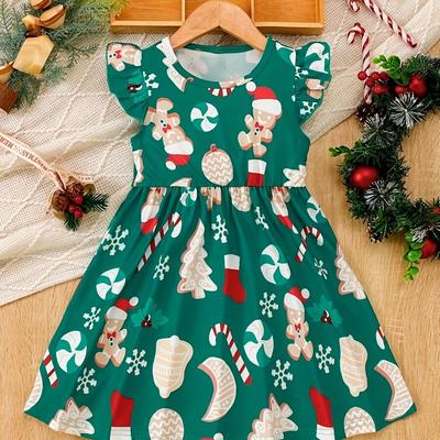 TEMU Autumn , Girls' Christmas Dress - Polyester, Machine Washable, Stretch Fabric, Non-transparent - Spring/fall