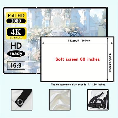 "TEMU Portable & Foldable White Screen - 60"" To 160"" Sizes, 16:9 For Home Theater, Outdoor Camping, Indoor Use, And Rooms"