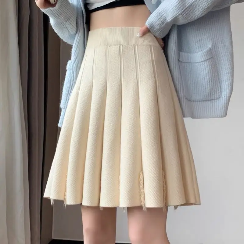 Temperament Herbst/Winter Frauen solide Quaste elastische hohe Taille koreanische adrette Stil schlanke kurze A-Linie gestrickte Falten rock Image