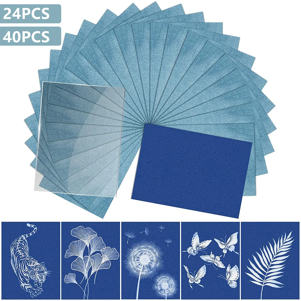 24/48-teiliges Sonnen-Druckpapier-Set, Cyanotypie-Papier, A4, Solar-Zeichenpapier, hochempfindliche Cyanotypie-Papiere für Kinder, Basteln, Klasse, DIY-Kunst Image