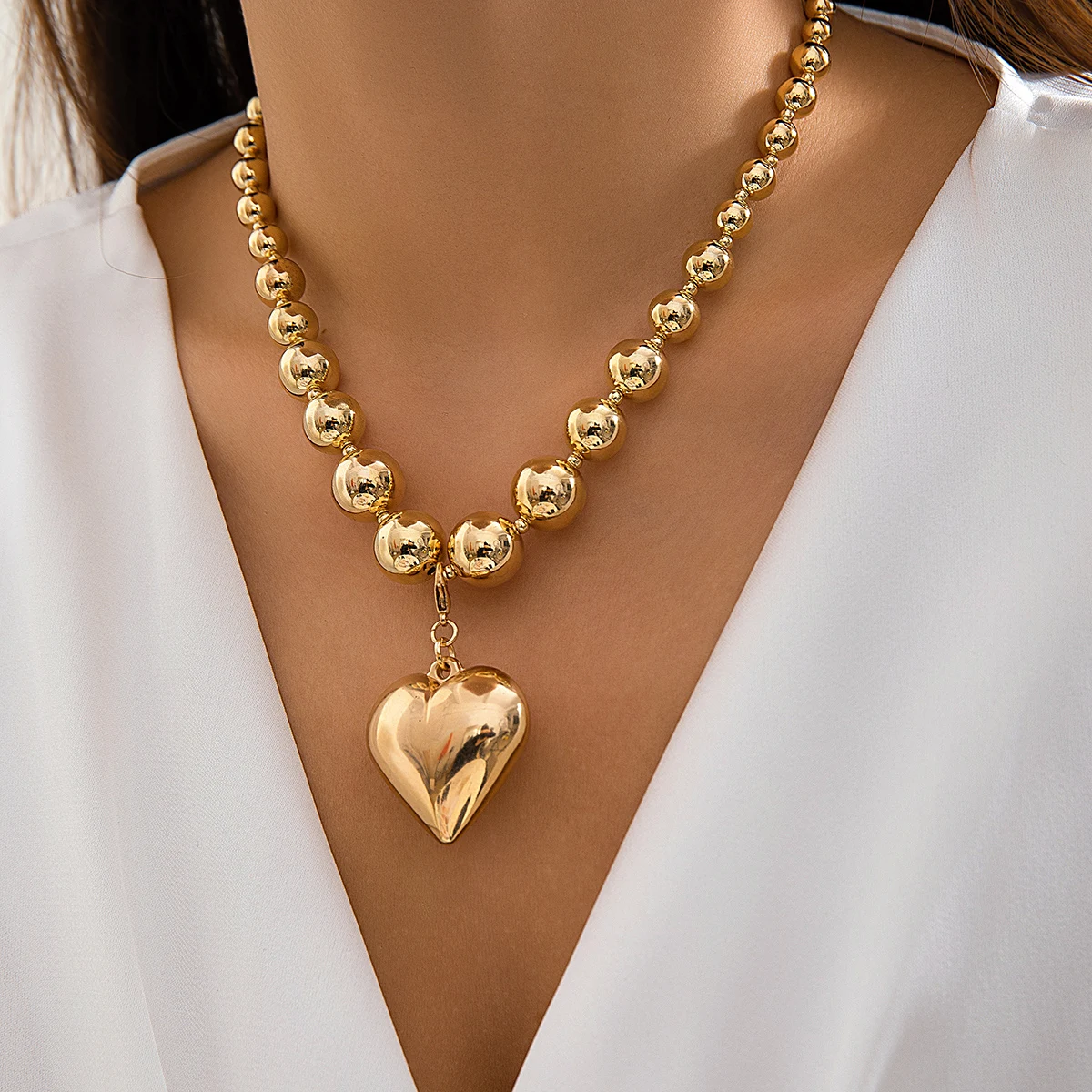 IngeSight.Z Punk Metall CCB Perlen Große Pfirsich Herz Anhänger Halskette für Frauen Vintage Gold Farbe Perlen Halsband Halskette Party