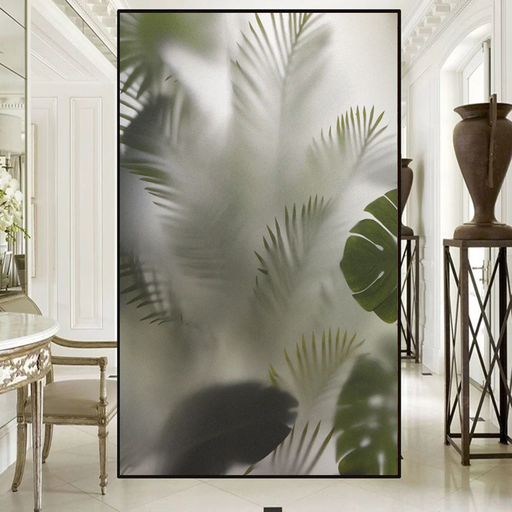 Mattiertes Blättermuster, statisch haftend, Sichtschutz-Fensterfolie, Wärmeregler, UV-blockierender Fensterglas-Aufkleber, mattierte Fensterfolie Image