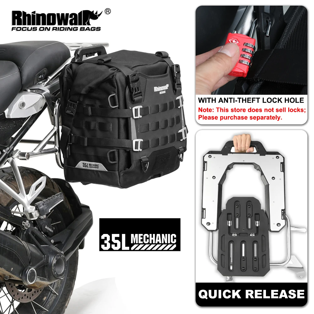 Rhinowalk Motorrad-Seitentasche, 35 l, großes Fassungsvermögen, Schnellverschluss mit Diebstahlsicherung, Loch, wasserdichte Molle-Gepäcktasche für BMW Image