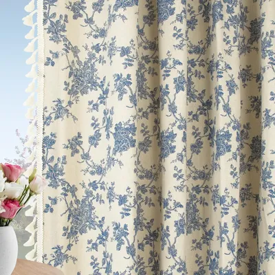 Floral Cotton Linen Curtains, Vintage Farmhouse Floral Patterned Country Curtains, Rod Pocket, Living Room Curtains with Tassel