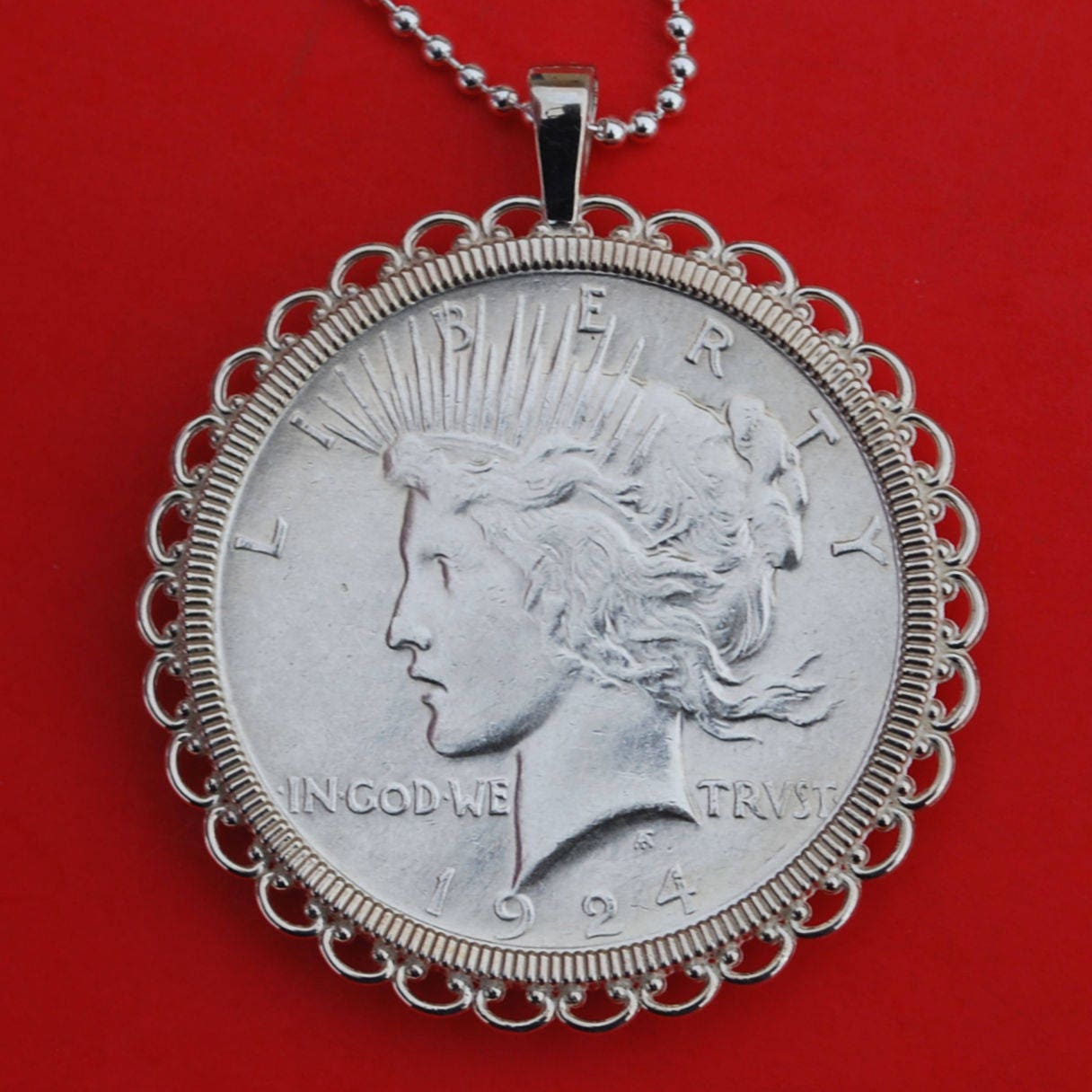 Moneta da un dollaro d'argento della pace degli Stati Uniti del 1924 Collana in argento sterling 925 massiccio NUOVO