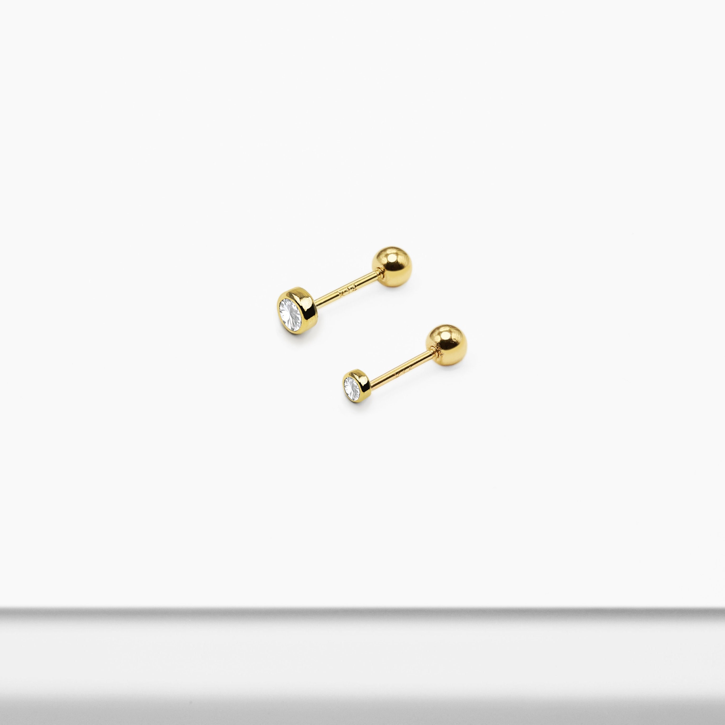 Orecchino a bottone in oro massiccio 14k da 2 mm e 3 mm con zirconi cubici, orecchino a vite delicato, orecchino con zirconi cubici minuscoli, orecchi