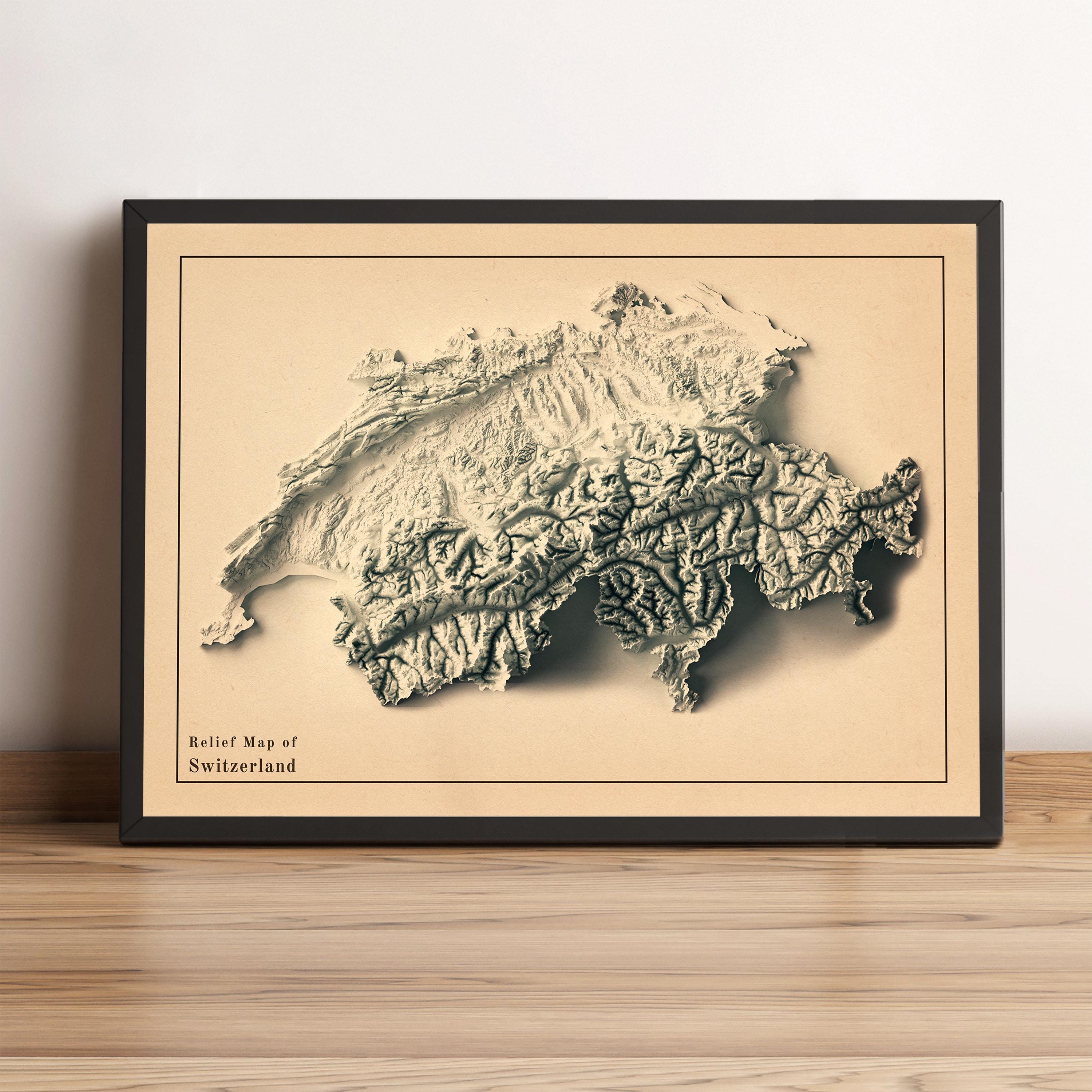 Mappa della Svizzera, mappa in rilievo 2D della Svizzera, mappa della Svizzera, mappa vintage della Svizzera, mappa artistica da parete minimalista de