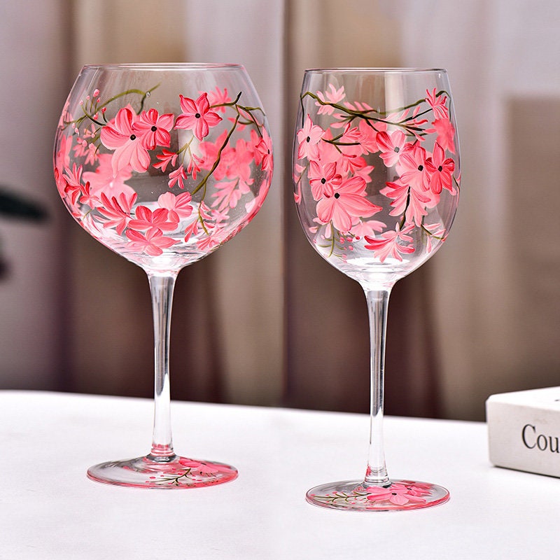 2 bicchieri da vino dipinti a mano rosso-viola, bicchieri da vino floreali, bicchieri da vino soffiati a mano, regalo di primavera, bicchieri personal