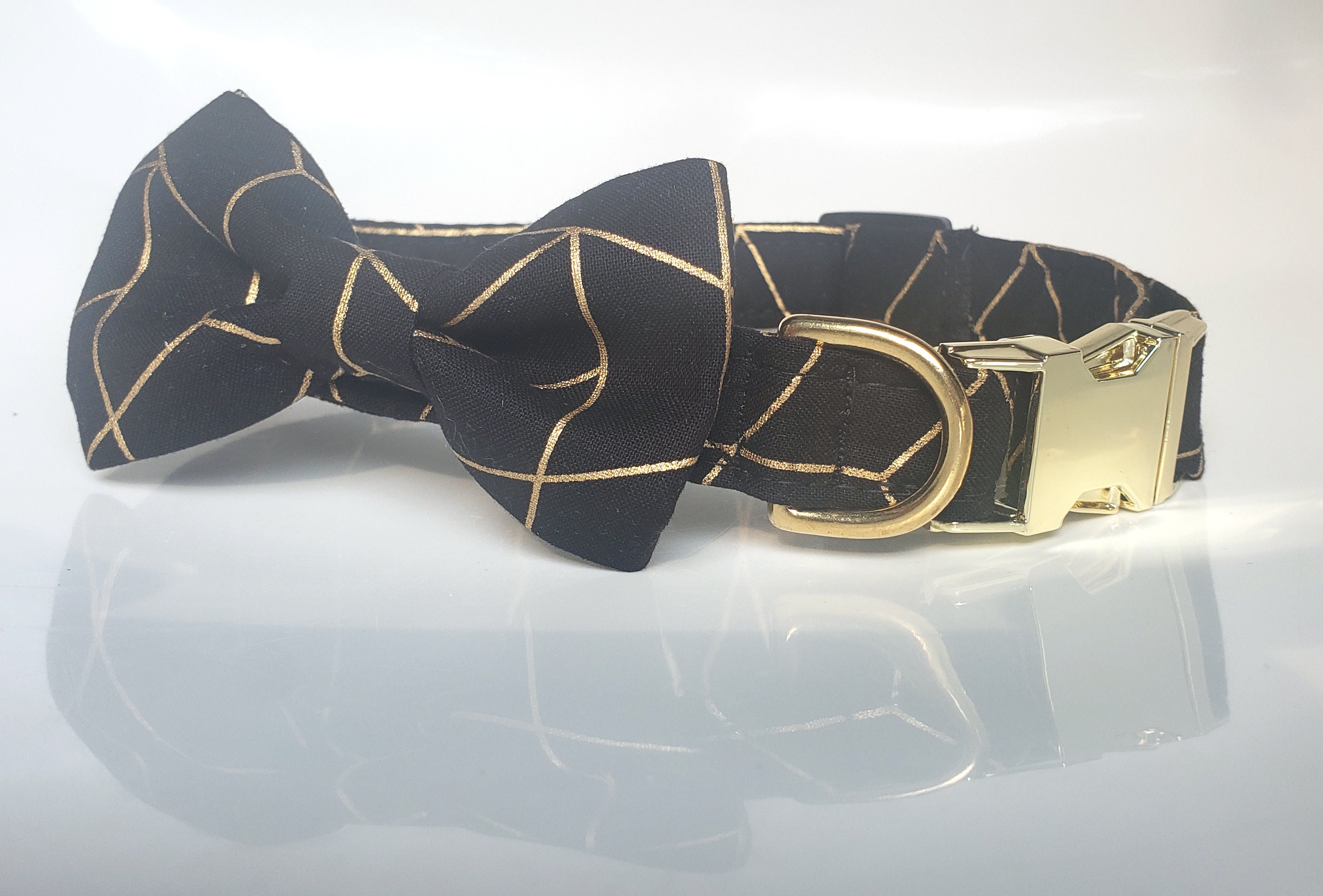 Collare e papillon nero e oro, papillon collare per cani, papillon con collare per gatti, collare per cani nero e oro, papillon in oro nero, collare p