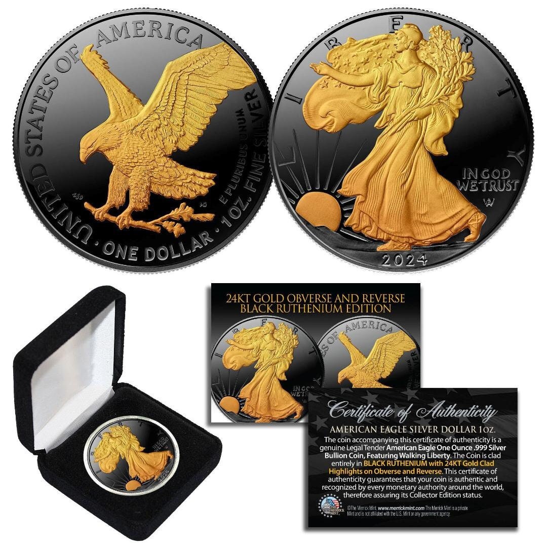 Moneta American Eagle in argento puro 999 da 1 oz, rutenio e oro 24 carati del 2024 con scatola