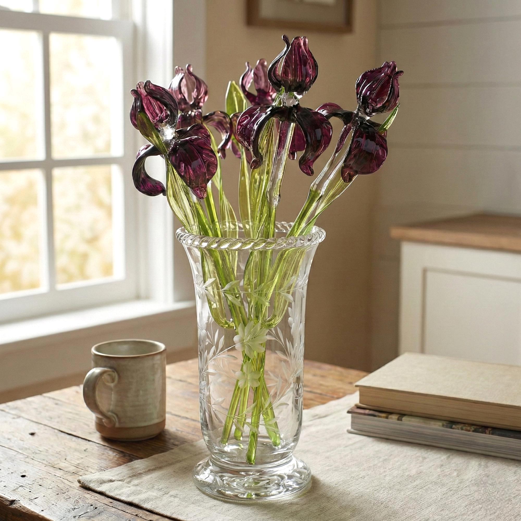 Fiore di iris in vetro, fiori di vetro viola, fiore di nascita di febbraio, bouquet di fiori di vetro per il mese di nascita, iris in vetro, arte dell