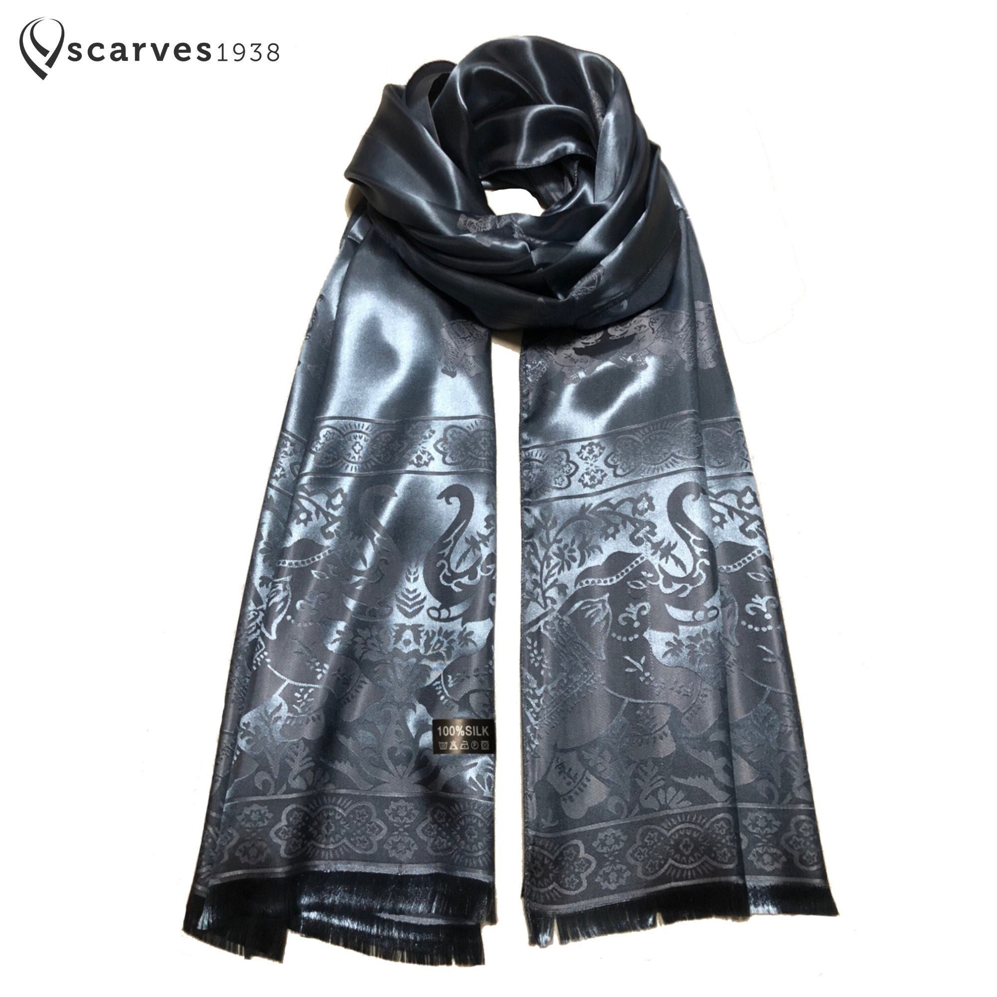 Sciarpa di seta da donna, idea regalo, sciarpa di seta per festival, sciarpa di seta blu/grigia, elefanti, amante degli accessori hippie, sciarpa morb