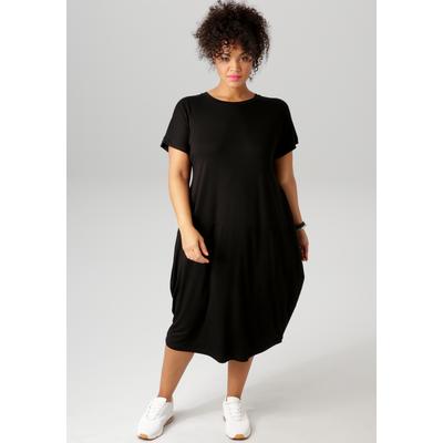 Jerseykleid ANISTON PLUS, Damen, Gr. 52, N-Gr, schwarz, Jersey, Obermaterial: 95% Viskose, 5% Elasthan, unifarben, casual, bequem kniebedeckend, Rundhals, Kurzarm abgestepptes Bündchen, Kleider Image