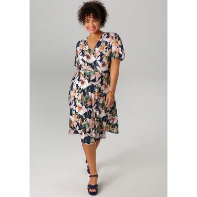Jerseykleid ANISTON PLUS, Damen, Gr. 48, N-Gr, bunt (marine, grün, beige), Jersey, Obermaterial: 95% Polyester, 5% Elasthan, geblümt, bedruckt, feminin, figurbetont knielang, V-Ausschnitt, Kurzarm Flügelärmel, Kleider, mit V-Ausschnitt in Wickeloptik Image