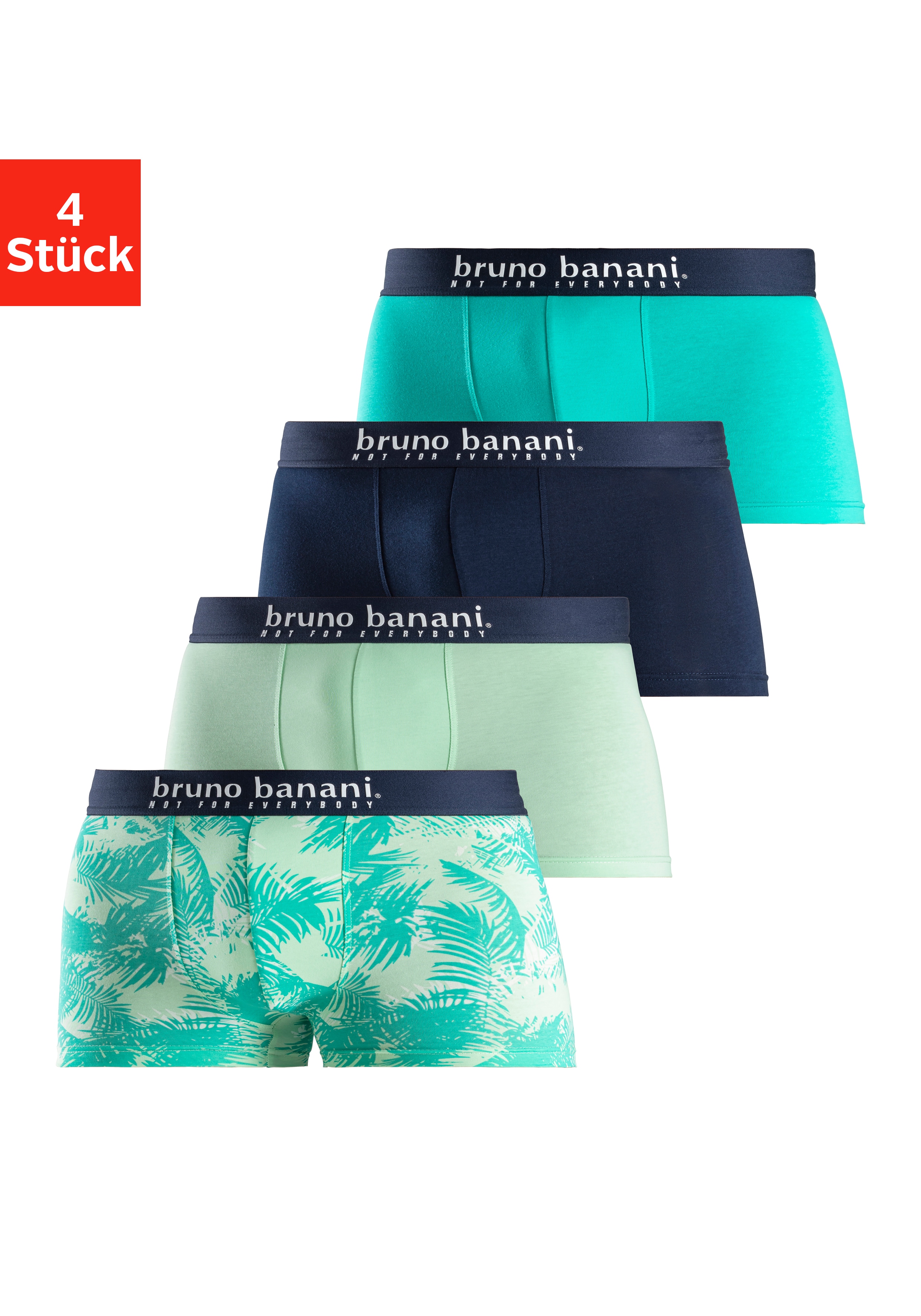 Boxer BRUNO BANANI "Boxershorts für Herren", Herren, Gr. S (4), grün (mint bedruckt, mint, navy, hellgrün), Jersey, Obermaterial: 92% Baumwolle, 8% Elasthan, bedruckt, unifarben, Unterhosen, mit Palmendruck und unifarben aus Baumwollmischung Image