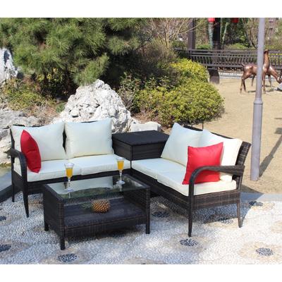 Storage Box Brown,4 Piece Patio Sectional Wicker Rattan Outdoor Furniture Sofa Set,With Coffee Table