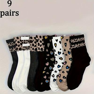 TEMU 9 Pairs Women's Leopard Print & Heart Pattern Mid-calf Socks - Striped Side Accents, Retro Design, Casual Versatile For , Stylish Sock Collection, Comfortable Sock Material Image